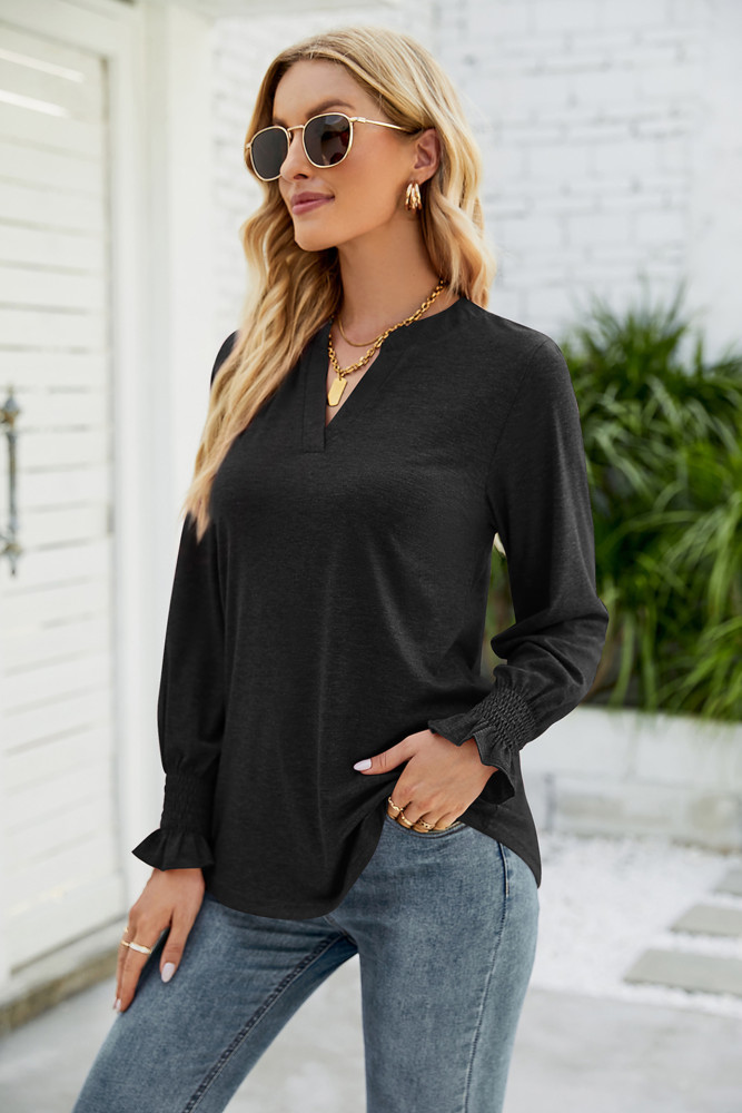 New Casual V-neck Solid Color Lotus Leaf Sleeve Loose Shirts