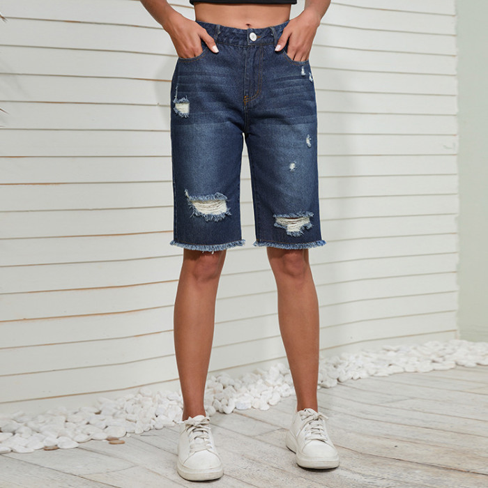 Vintage Mid Waist Street Trendy Hole Denim Shorts