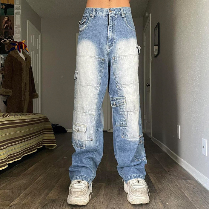 Women Vintage Low Waist Asymmetric Pocket Cargo Jeans