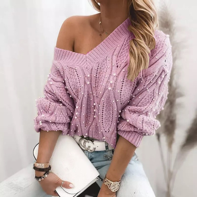 Women Solid Elegant V Neck Beaded Knitted Sweaters