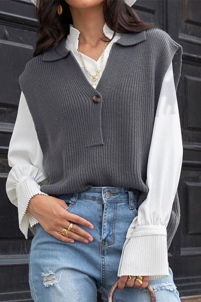 Women Casual All Match Turndown Collar Knitted Sweater Vest