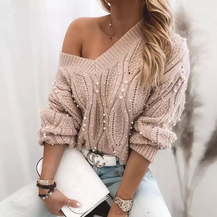 Women Solid Elegant V Neck Beaded Knitted Sweaters