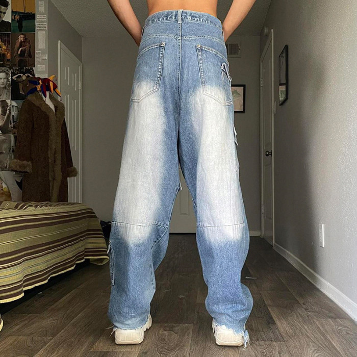 Women Vintage Low Waist Asymmetric Pocket Cargo Jeans