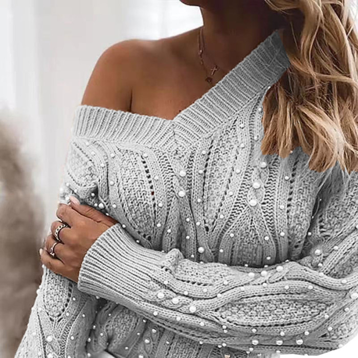 Women Solid Elegant V Neck Beaded Knitted Sweaters