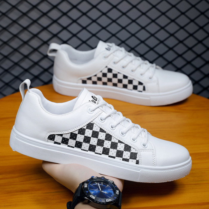 Men's White Leather Checkered Sneakers