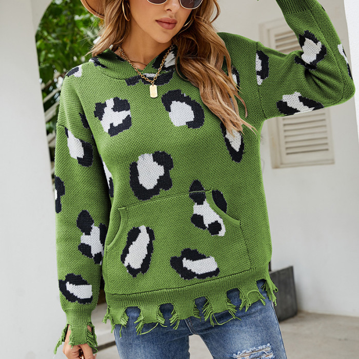 Women Ripped V-Neck Leopard Hooded Knit Sweater