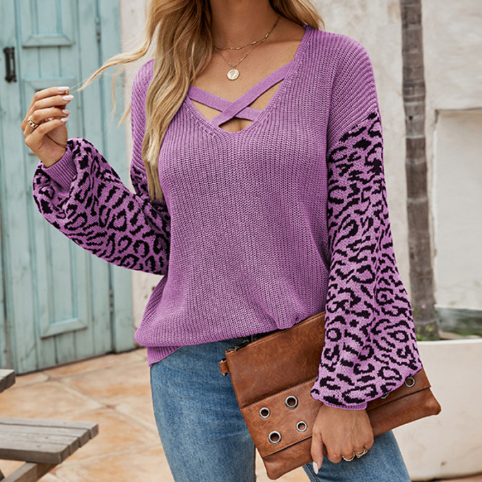 Women's V-neck Stitching Leopard Print knitted Sweater