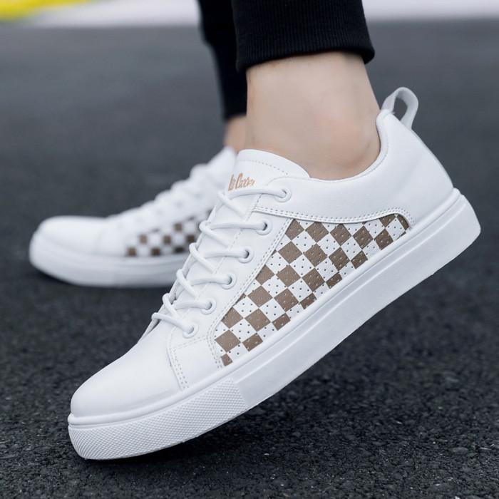 Men's White Leather Checkered Sneakers