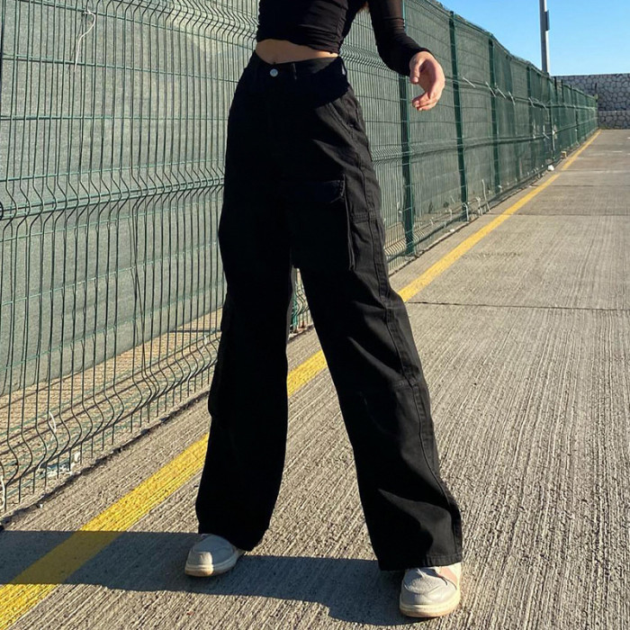 Woman Low Waist Buttoned Multi-pocket Cargo Pants
