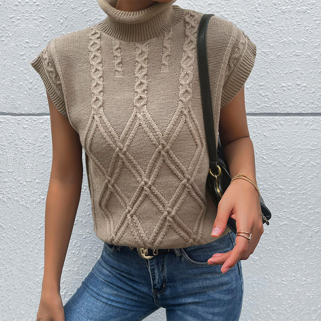 Women Turtleneck Geometric Knitted Sweater Vest