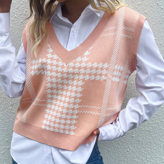 Women Pink Houndstooth Knitted Sweaters Vest