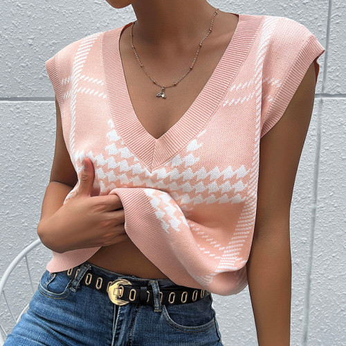 Women Pink Houndstooth Knitted Sweaters Vest