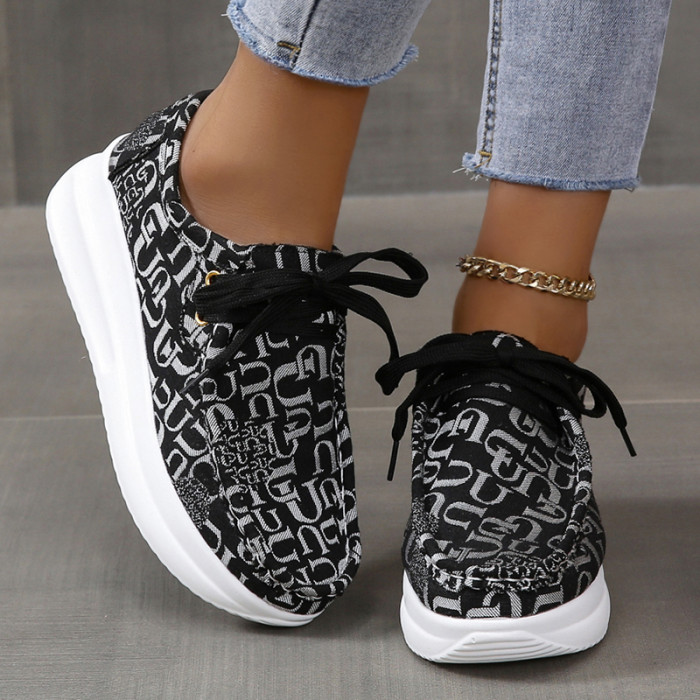 Women Lace-up Mix Color Non-slip Print Platform Sneakers