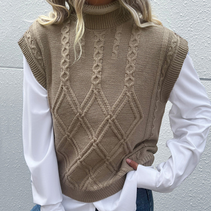 Women Turtleneck Geometric Knitted Sweater Vest