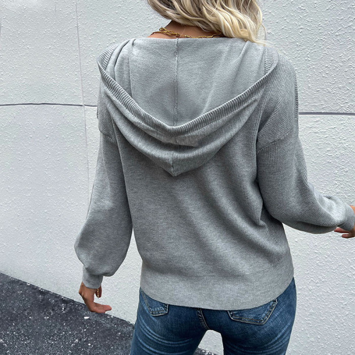 Women's Solid Long Sleeve Hooded Knit Sweatshirts