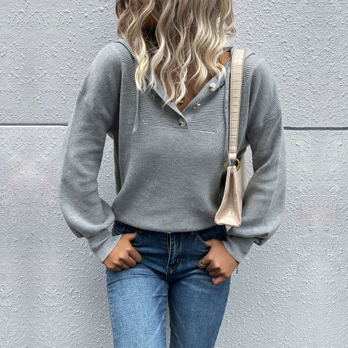 Women's Solid Long Sleeve Hooded Knit Sweatshirts