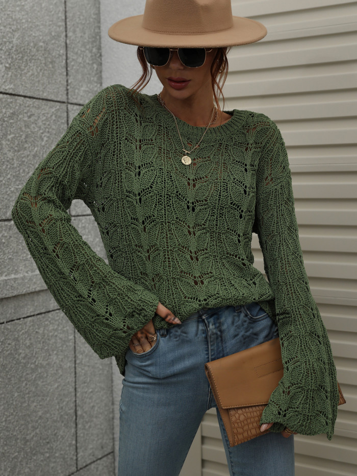 Woman Elegant Round Neck Hollow Casual Sweaters