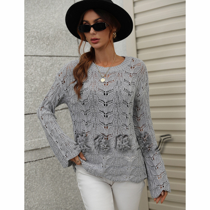 Woman Elegant Round Neck Hollow Casual Sweaters