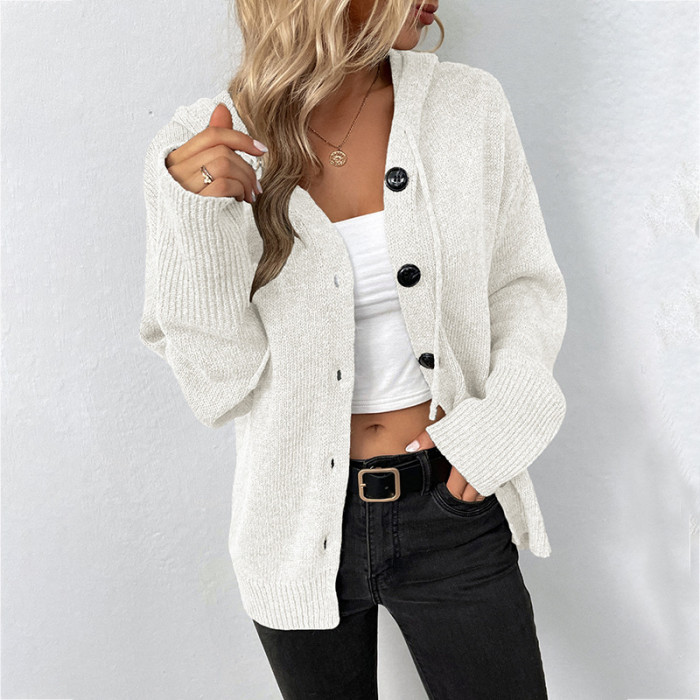 Woman Solid Hooded Single-Breasted Drawstring Knit Cardigan