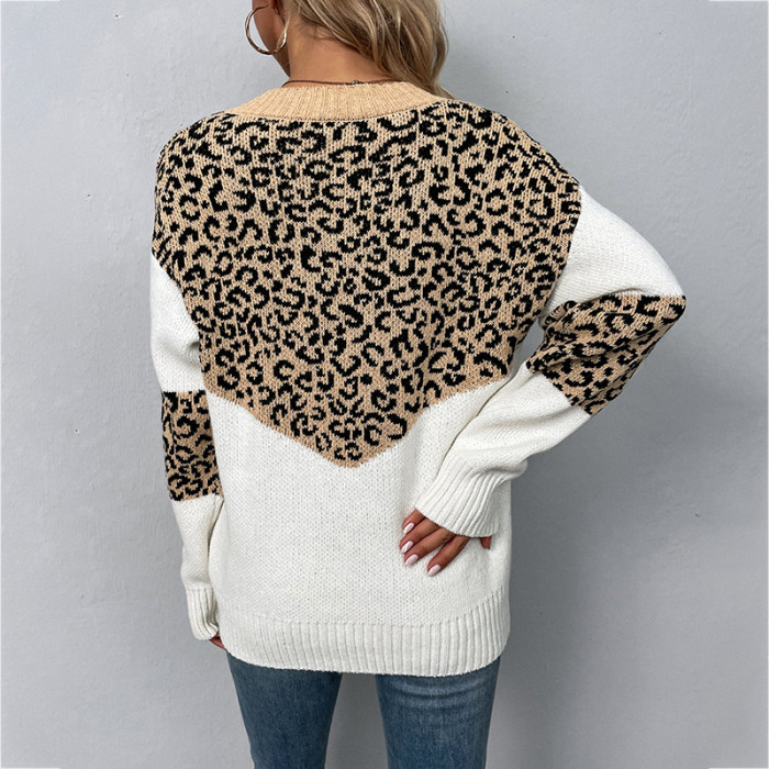 Women's V-Neck Contrast Color Leopard Print Sweater