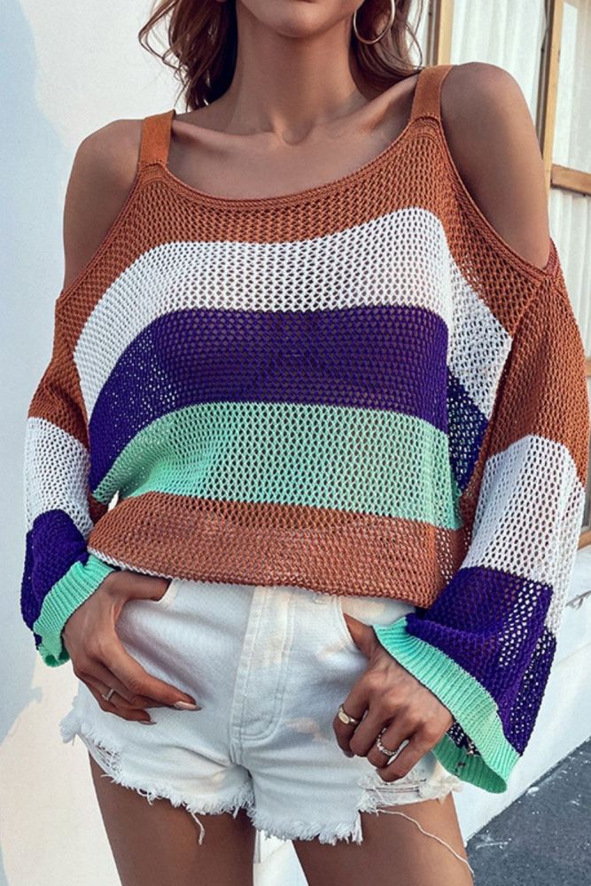 Women's Hollow Out Sexy Rainbow Striped Sweaters