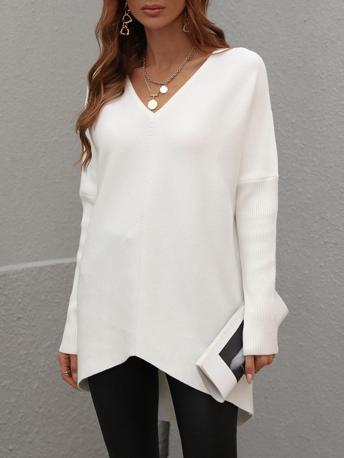 Women Fashion Solid V-neck Long Sweaters
