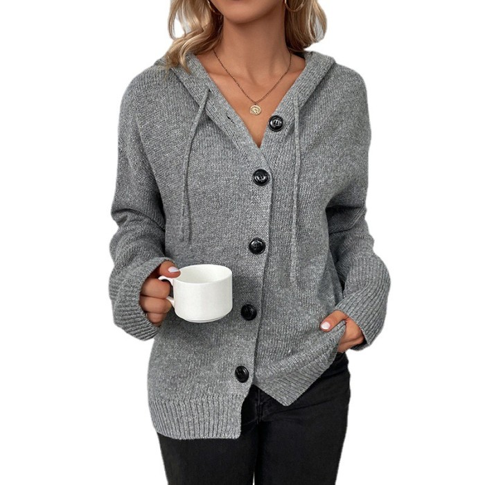 Woman Solid Hooded Single-Breasted Drawstring Knit Cardigan