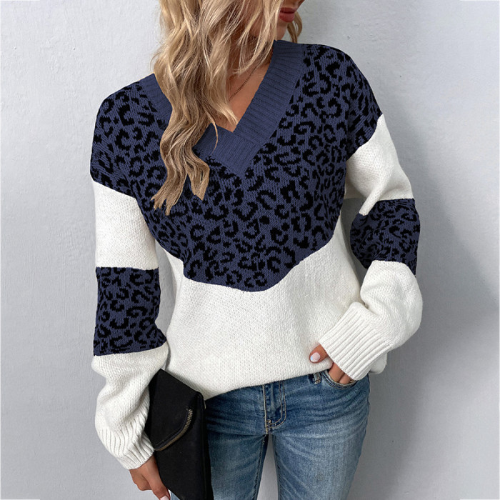 Women's V-Neck Contrast Color Leopard Print Sweater