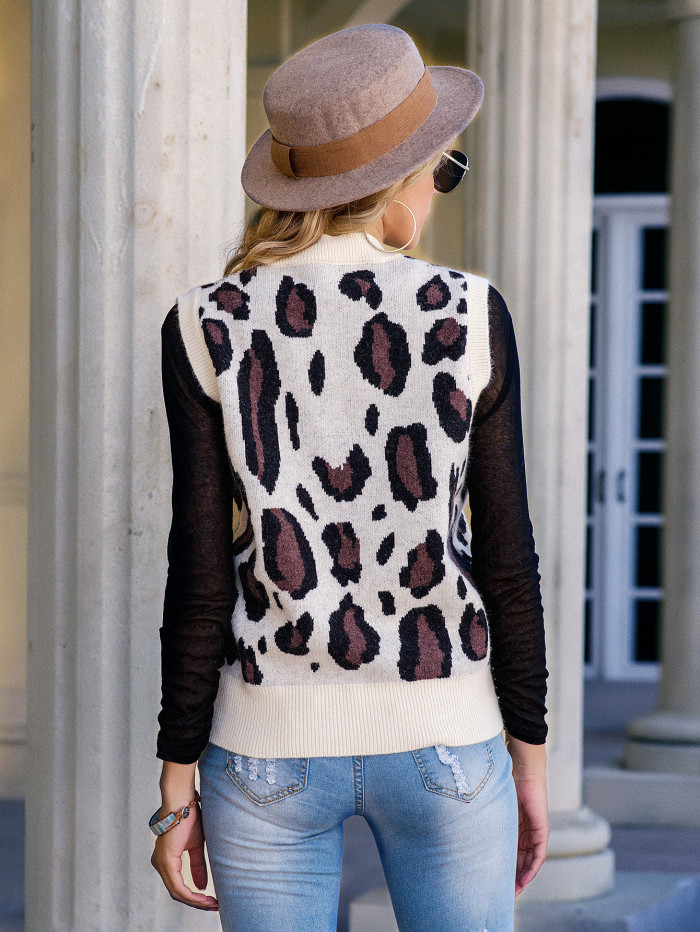 Women Leopard Knitted V-Neck Chic Sweater Vest