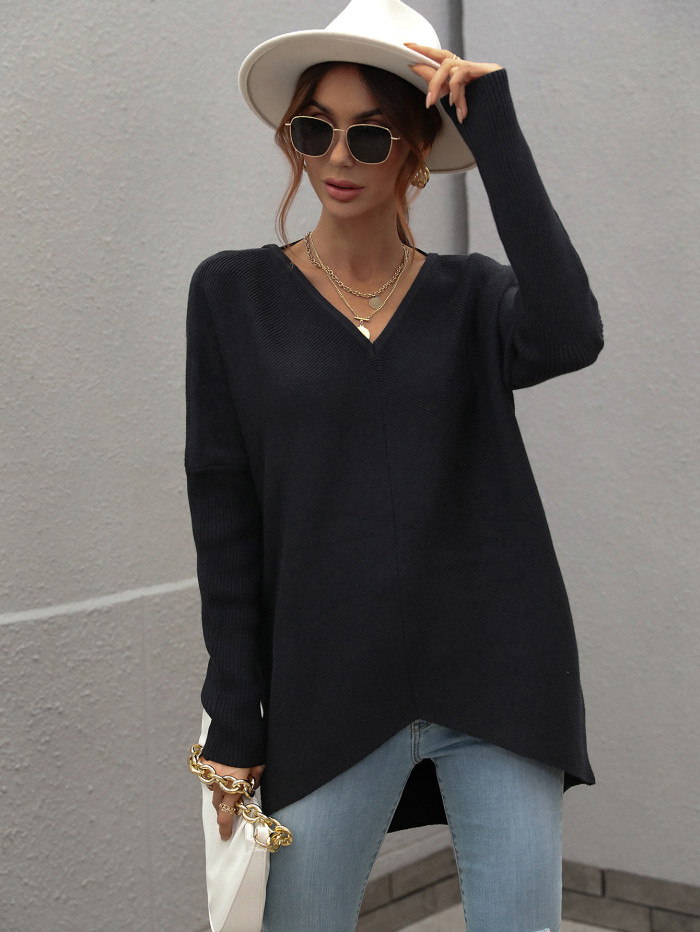 Women Fashion Solid V-neck Long Sweaters