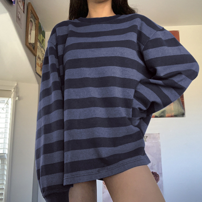 Women's Contrast Color Stripe Round Neck Loose Sweatshirts