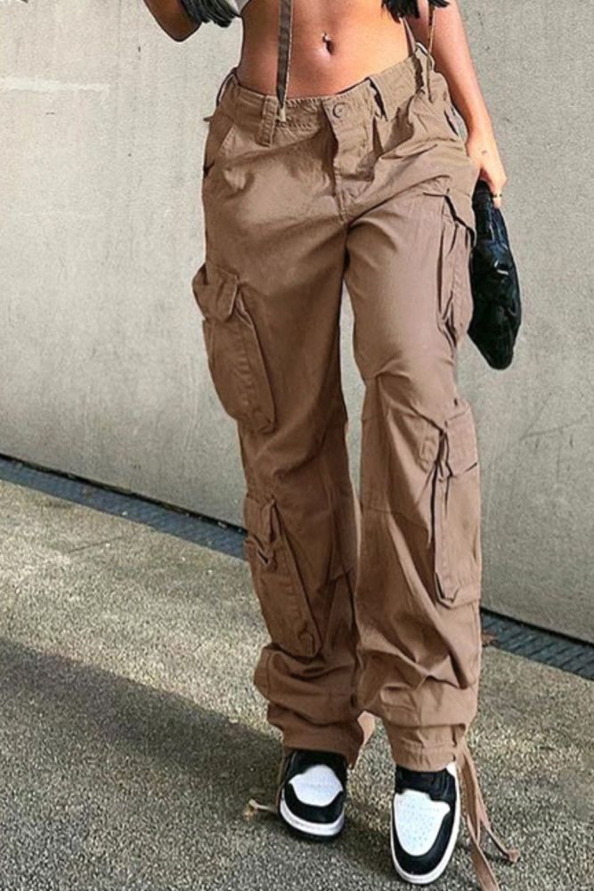 Women y2k Fashion Pockets Wide Leg High Waist Cargo Pants