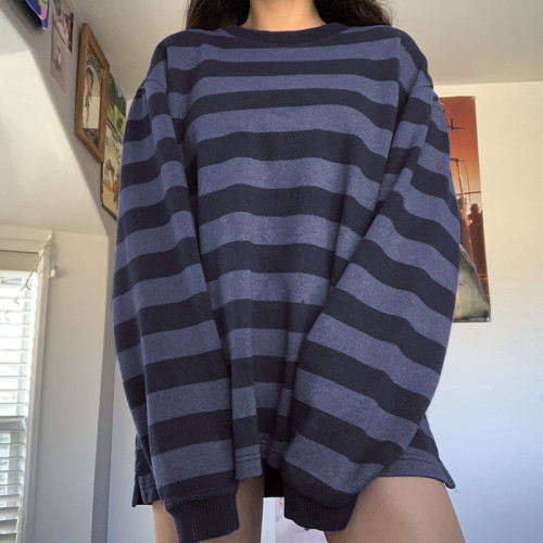 Women's Contrast Color Stripe Round Neck Loose Sweatshirts