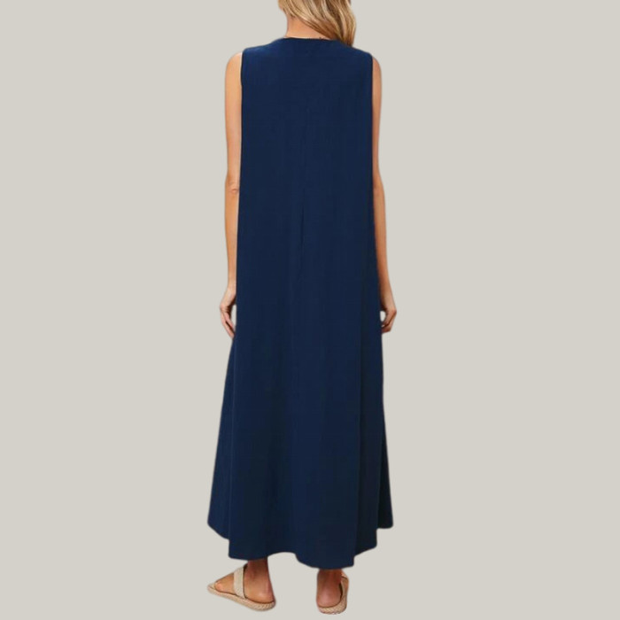 Women Vintage Printing Sleeveless V-Neck Maxi Dress