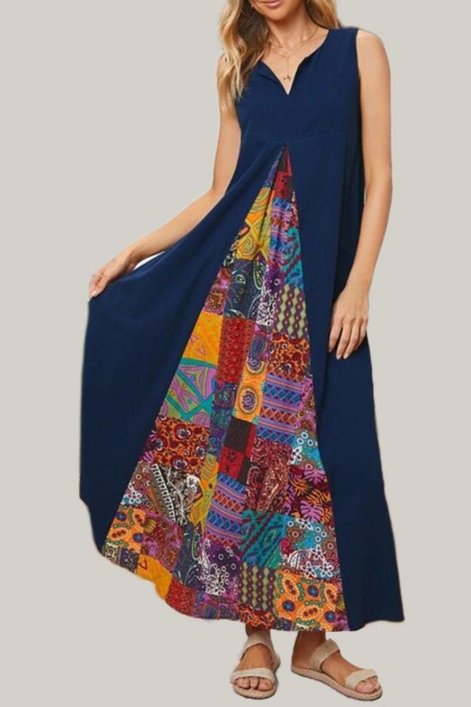 Women Vintage Printing Sleeveless V-Neck Maxi Dress