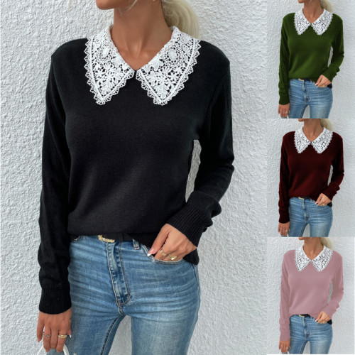 New Knit Lace Collar Colorblock Pullover Sweaters