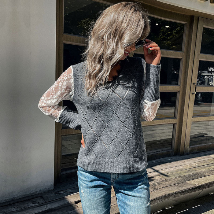 Women's Plaid Stitching Lace Sleeve Knitted Sweaters