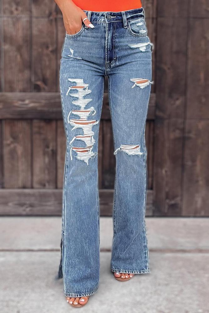 Women Classic Washed Blue Pippde Denim Flare Jeans