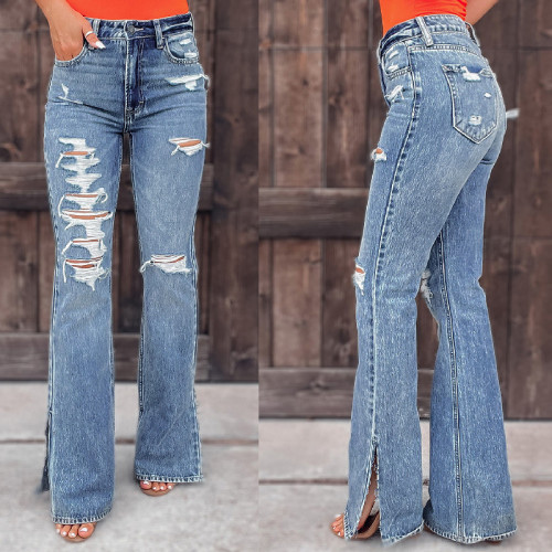 Women Classic Washed Blue Pippde Denim Flare Jeans