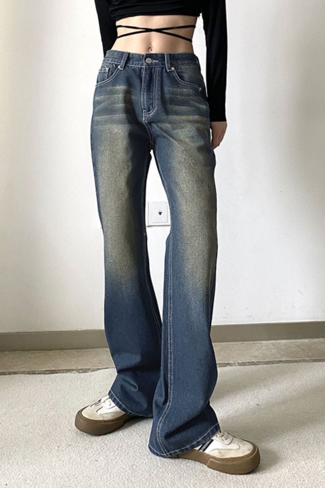 Harajuku Vintage Women Mid-Rise Waist Straight Jeans