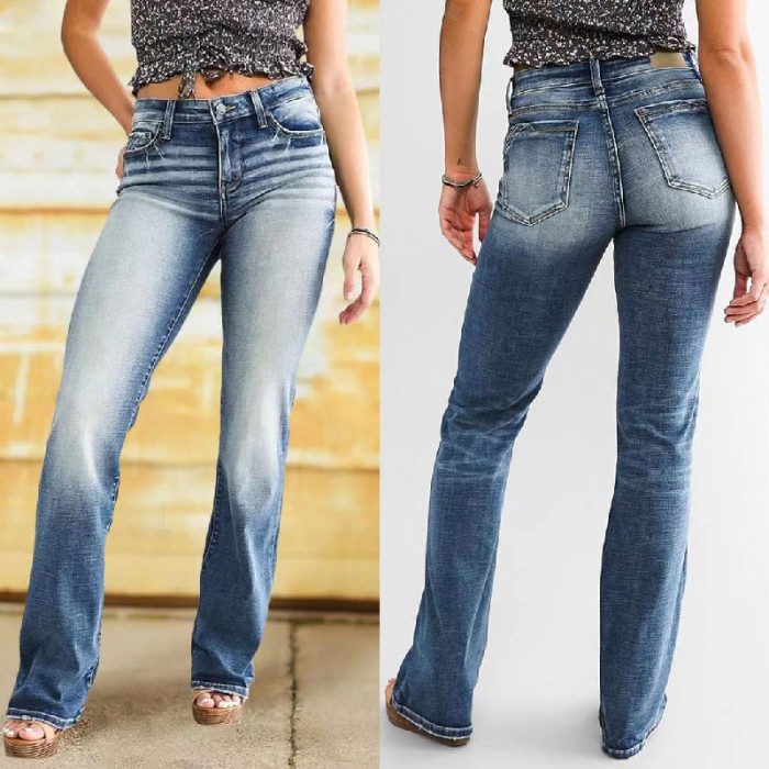 Women Retro Mid Waist Stretch Slim Casual Jeans