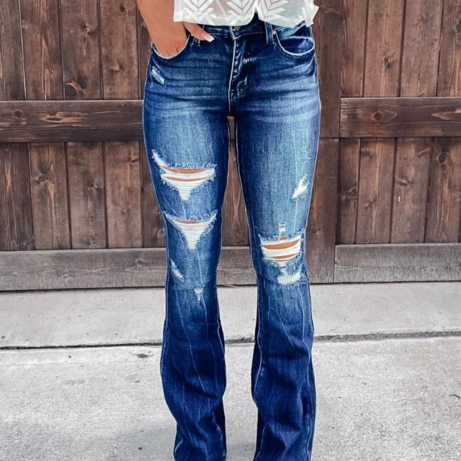 Women Vintage Ripped Flare High Waist Hole Jeans