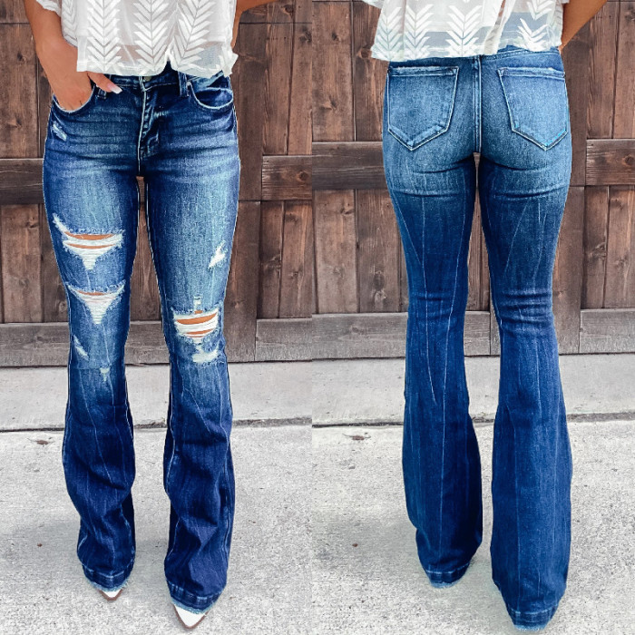 Women Vintage Ripped Flare High Waist Hole Jeans