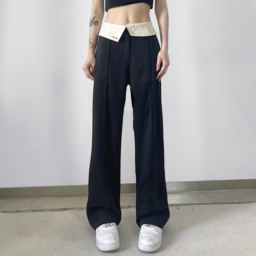 Women's Retro Contrast Color Flanging Drape Slim Suit Pants