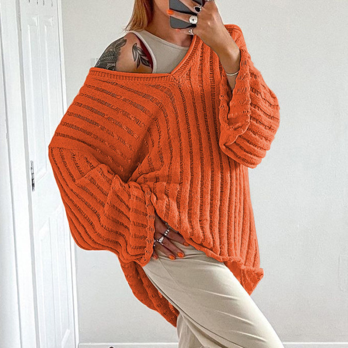 Women's Trend Casual Hollow Out Striped Loose Sweaters