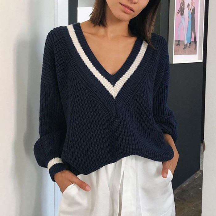 Women Preppy Style V Neck Knitted Sweater