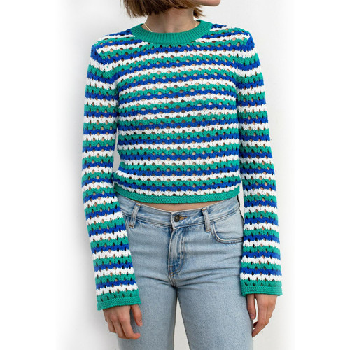 Women Striped Crochet Cutout Casual Knitted Sweater