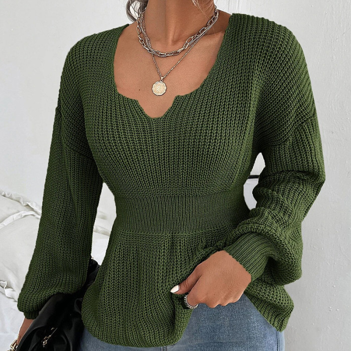 Women Casual Knitted Slim V-neck Lantern Sleeve Sweaters