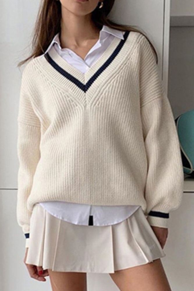 Women Preppy Style V Neck Knitted Sweater