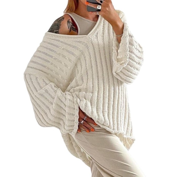 Women's Trend Casual Hollow Out Striped Loose Sweaters